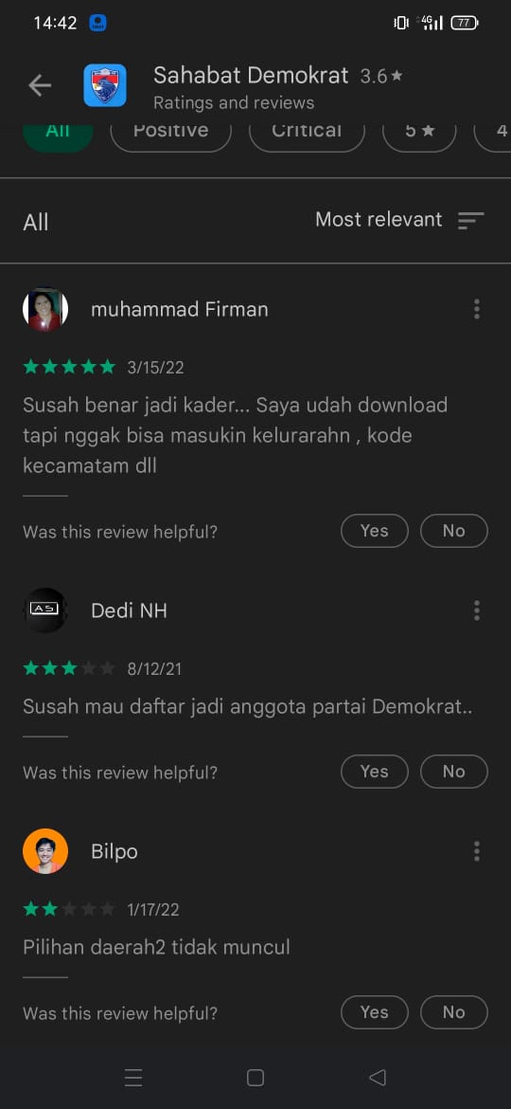Tangkapan layar ulasan aplikasi Sahabat Demokrat di platform Google Play Store.