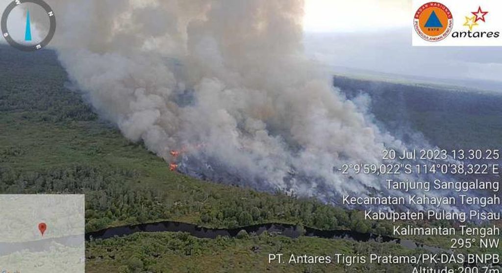 Kebakaran lahan gambut di Kahayan Tengah, Kabupaten Pulang Pisau, Kalimantan Tengah, Kamis (20/7/2023).