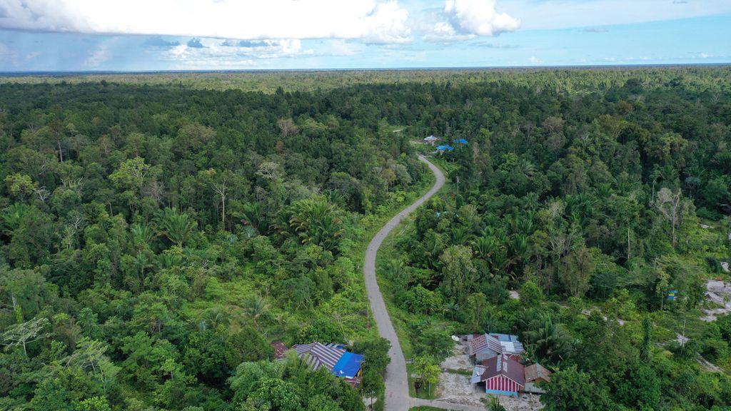 Hutan mengeliingi kawasan pemukiman warga di Distrik Konda, Sorong Selatan, Papua Barat, Rabu (9/6/2021). Masyarakat setempat menolak rencana kehadiran perkebunan sawit di kawasan mereka.