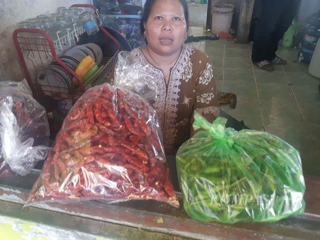 Sami (44), pedagang warung makan di Jalan Perjuangan, Kota Cirebon, Jawa Barat, menunjukkan cabai kering (kiri) dan cabai rawit di warungnya, Sabtu (9/7/2022). 