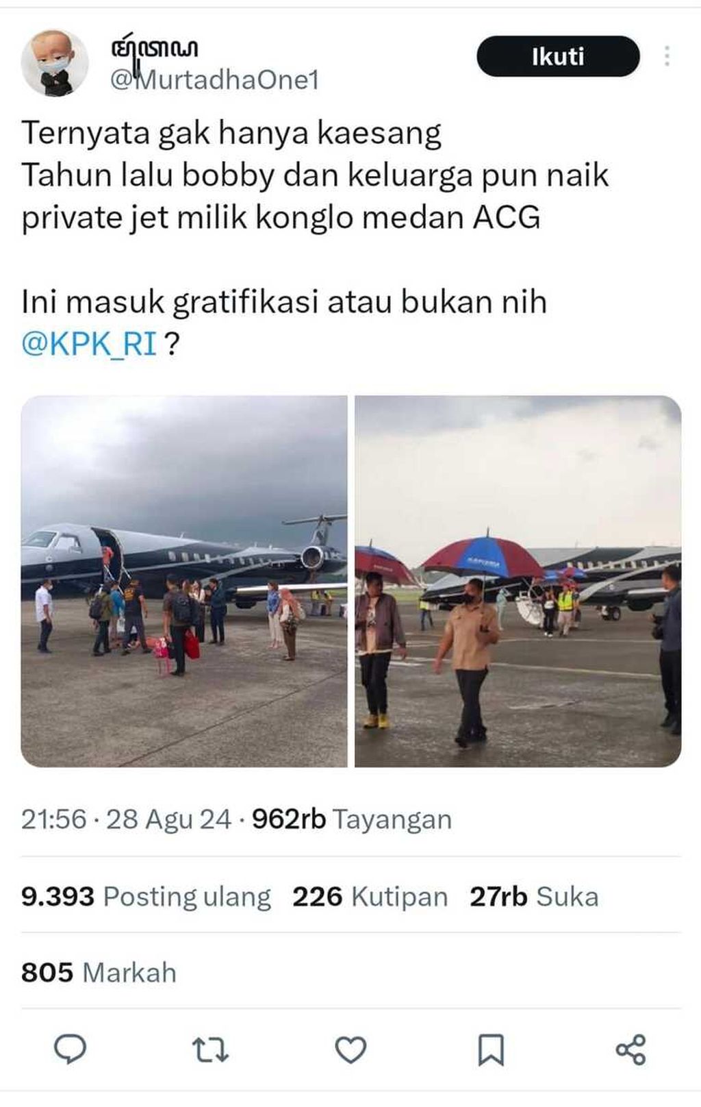 Unggahan akun @MurtadhaOne1 di media sosial X pada Rabu (28/8/2024) memperlihatkan foto menantu Presiden Joko Widodo, Bobby Nasution, sedang berjalan di depan sebuah pesawat jet. Pimpinan KPK telah meminta Direktur Laporan Harta Kekayaan Penyelenggara Negara untuk mengklarifikasi dugaan penggunaan pesawat jet oleh Wali Kota Medan tersebut.