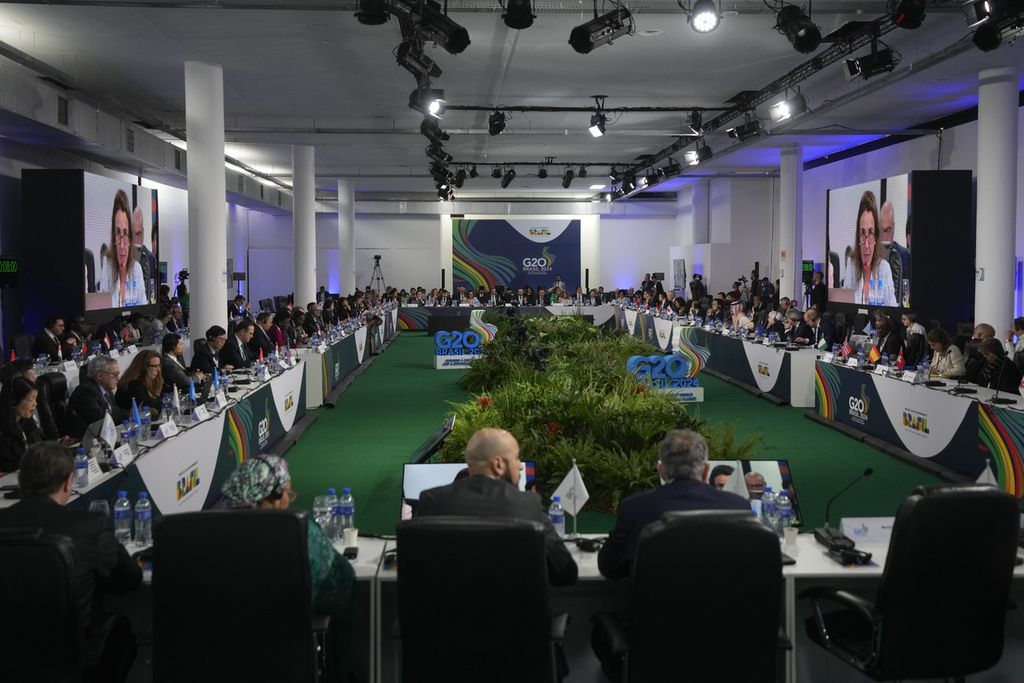 Para menteri keuangan dan gubernur bank sentral negara dan organisasi anggota G20 bertemu di Sao Paulo, Brasil, pada Kamis (29/2/2024).