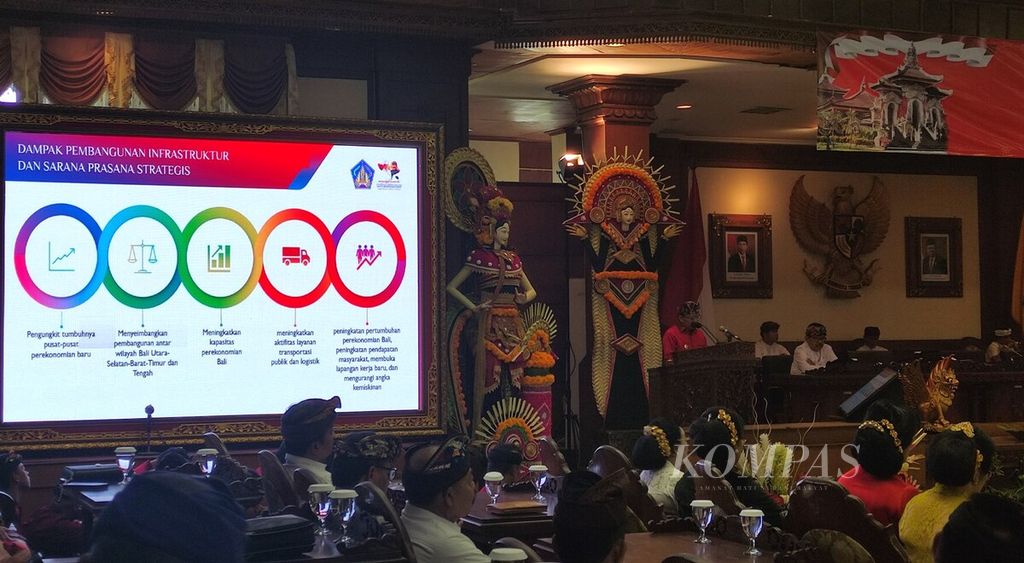 Gubernur Bali Wayan Koster (berdiri, tengah) menyampaikan pidato terkait pencapaian dalam lima tahun kepemimpinannya sebagai Gubernur Bali bersama Wakil Gubernur Bali dalam Rapat Paripurna Ke-34 DPRD Provinsi Bali serangkaian HUT Ke-65 Provinsi Bali, di Kota Denpasar, Senin (14/8/2023).