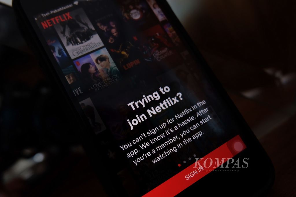 Ilustrasi aplikasi <i>streaming </i>Netflix di ponsel pintar, Kamis (21/1/2021).