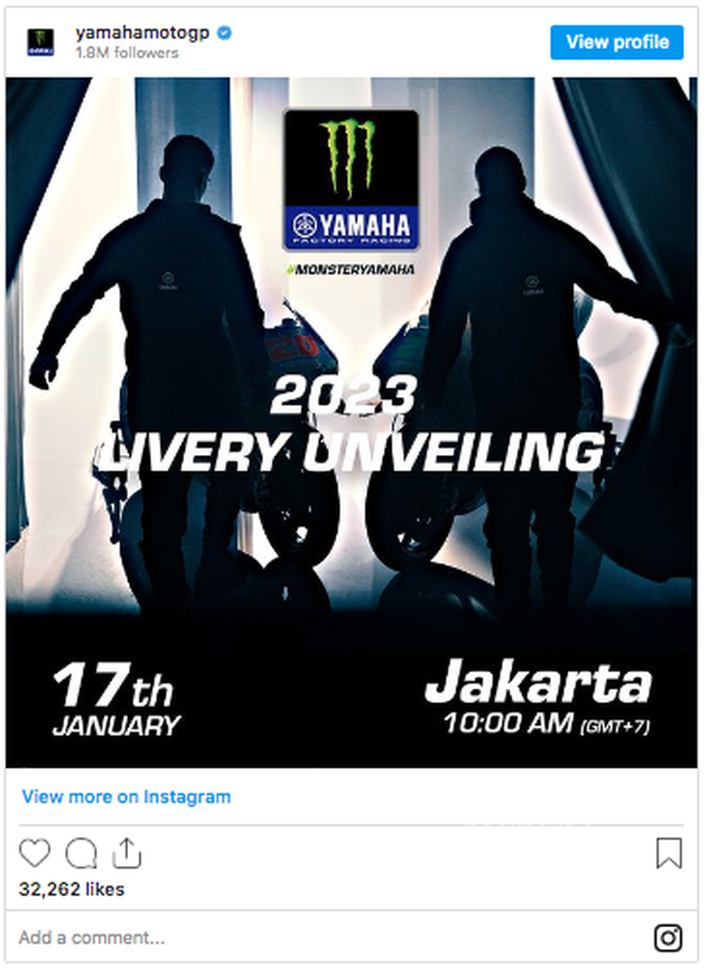 Tim Monster Energy Yamaha akan meluncurkan motor YZR-M1 untuk MotoGP musim 2023 di Jakarta, Selasa (17/1). Peluncuran direncanakan dihadiri oleh Fabio Quartararo dan Franco Morbidelli. Gambar diambil dari tangkapan layar Instagram @yamahamotogp.