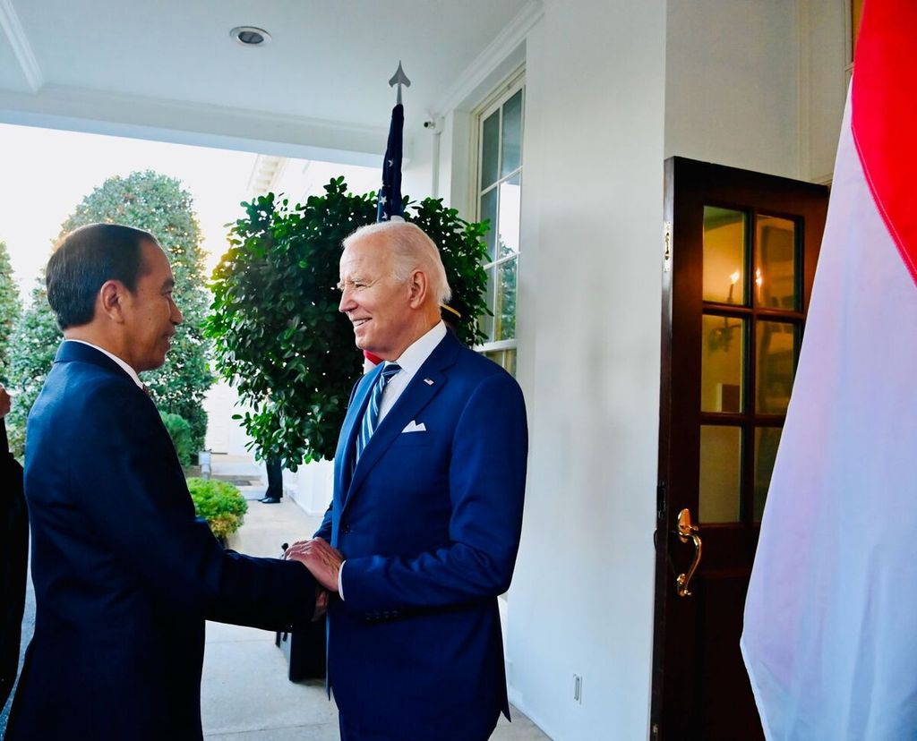 Kunjungan Presiden Joko Widodo di Gedung Putih, Washington DC, Amerika Serikat, Senin (13/11/2023) disambut Presiden AS Joe Biden dengan hangat.