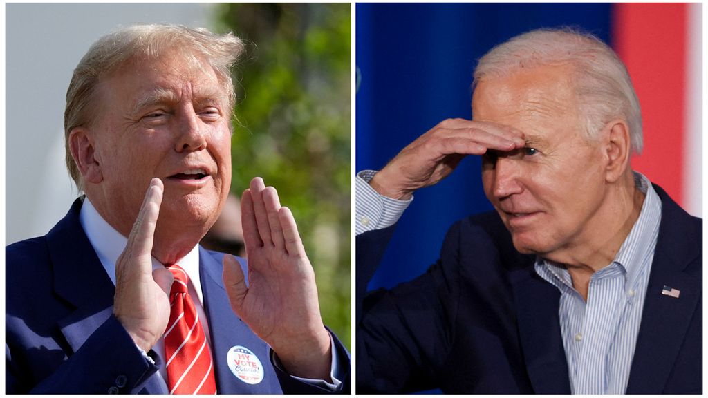 Donald Trump (kiri) berkompetisi dengan Joe Biden untuk menjadi presiden AS di Pemilu 2024
