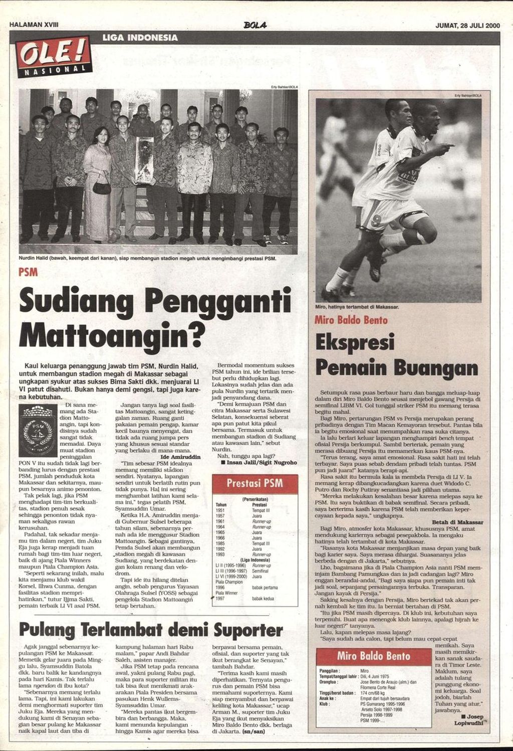 Halaman 18 tabloid <i>Bola</i> edisi Jumat, 28 Juli 2000, yang mengulas rencana PSM Makassar membangun stadion baru setelah menjadi juara Liga Bank Mandiri 1999-2000.