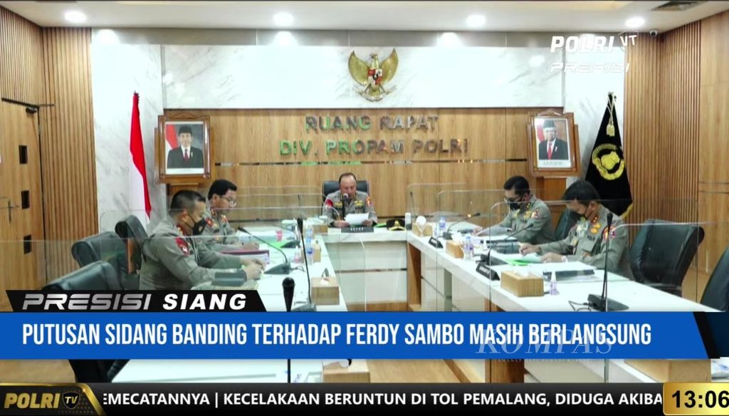 Tangkapan layar sidang Komisi Kode Etik dan Profesi Polri tingkat banding atas permohonan banding Inspektur Jenderal Ferdy Sambo, Senin (19/9/2022), di Gedung TNCC Mabes Polri, Jakarta.