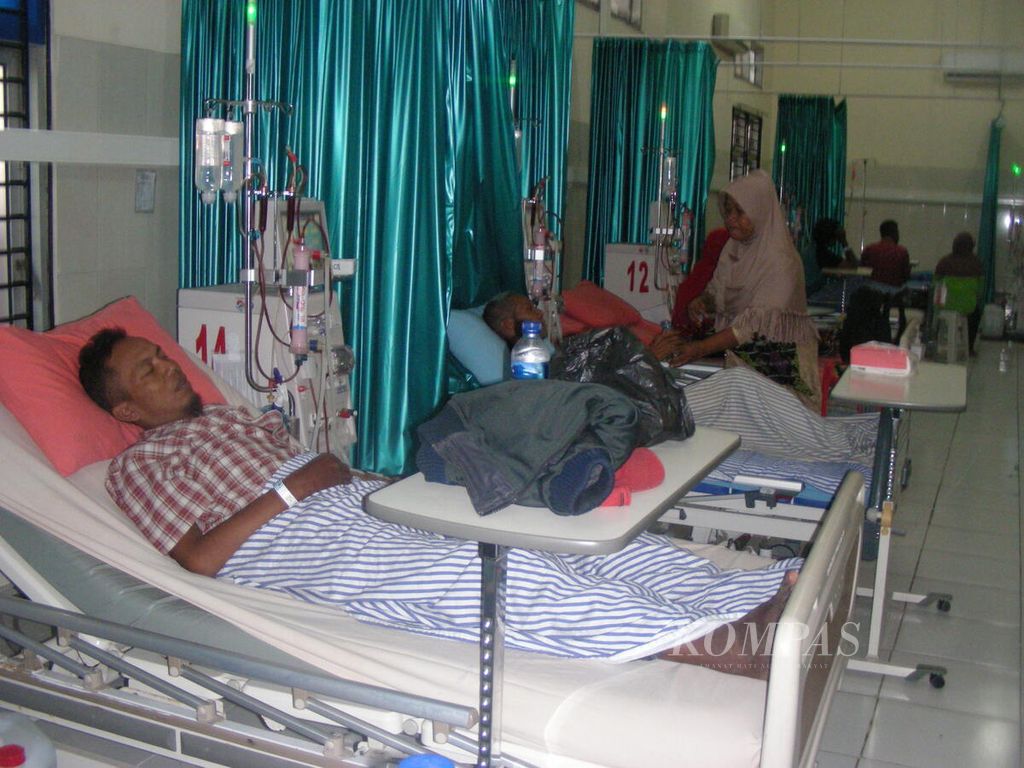 Sejumlah pasien sedang menjalani curi darah di Rumah Sakit Umum Daerah Dr Soegiri Lamongan, Jawa Timur Jumat (6/4/2018). Warga Lamongan telah memanfaatkan jaminan kesehatan nasional baik ikut serta kepesertaan secara mandiri maupun melalui skema penerima bantuan iuran (PBI). 