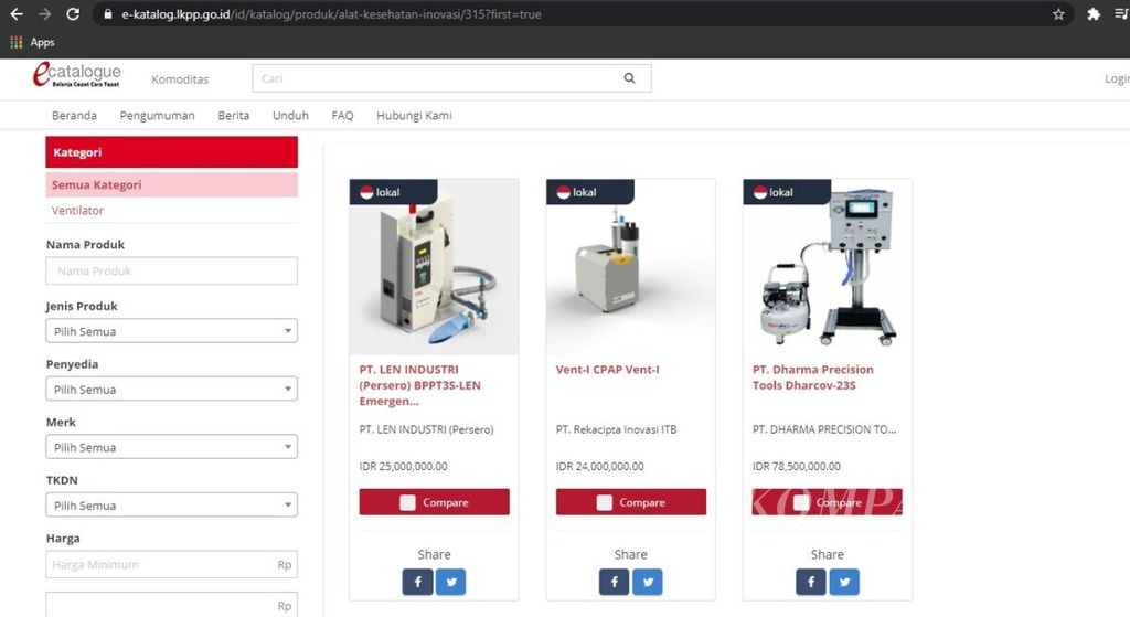Tampilan dalam situs web katalog elektronik sektoral produk inovasi