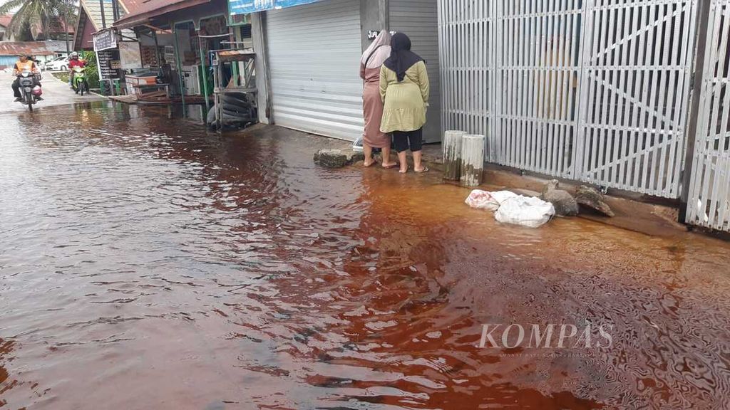 Warga Anoi, Kelurahan Mendawai, Kota Palangkaraya, Kalteng, Rabu (5/4/2023), beraktivitas di tengah banjir.