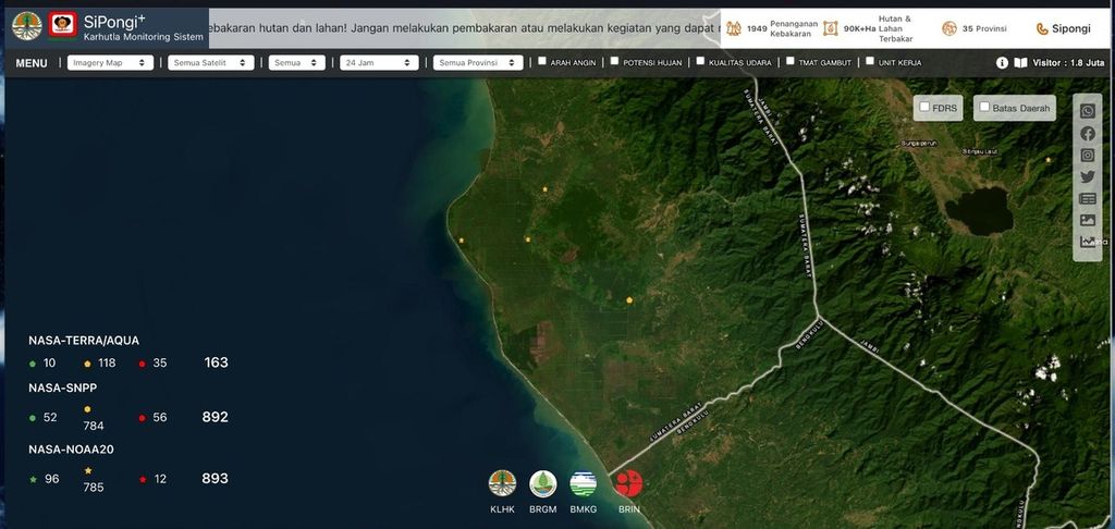 Peta titik panas di wilayah Kabupaten Pesisir Selatan, Sumatera Barat, yang dimuat laman Sipongi.menlhk.go.id, Selasa (12/9/2023) pukul 18.00.