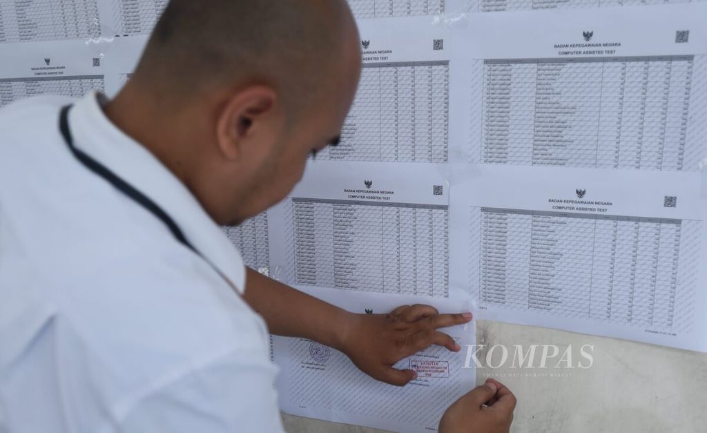 Petugas menempelkan hasil tes CPNS Pemerintah Kota Surabaya di Gelanggang Remaja, Surabaya, Senin (10/2/2020). 