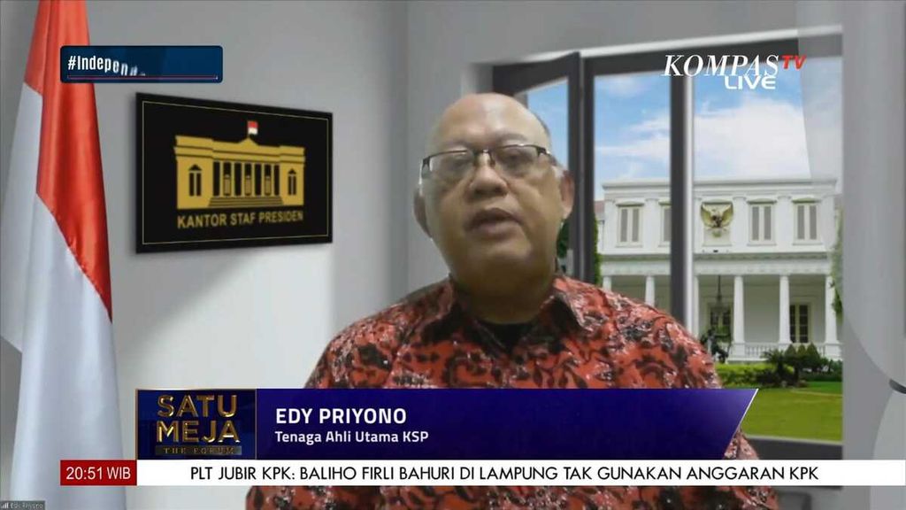 Tenaga Ahli Utama Kantor Staf Presiden Edy Priyono pada acara <i>Satu Meja The Forum </i>bertajuk “Inikah Mafia Minyak Goreng?” yang disiarkan Kompas TV, Rabu (20/4/2022) malam.