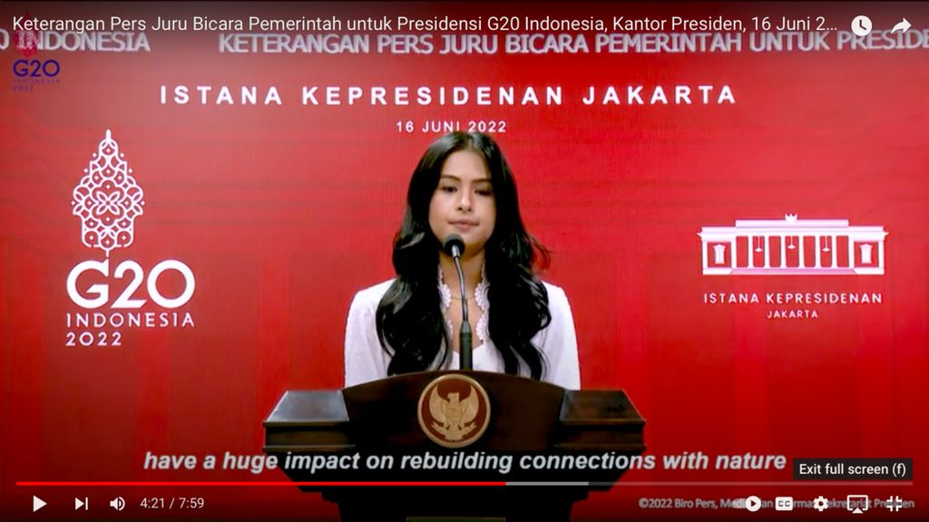Juru Bicara Pemerintah untuk Presidensi G20 Indonesia, Maudy Ayunda, dalam keterangan pers secara virtual yang diunggah di akun Youtube Sekretariat Presiden, Kamis (16/6/2022).