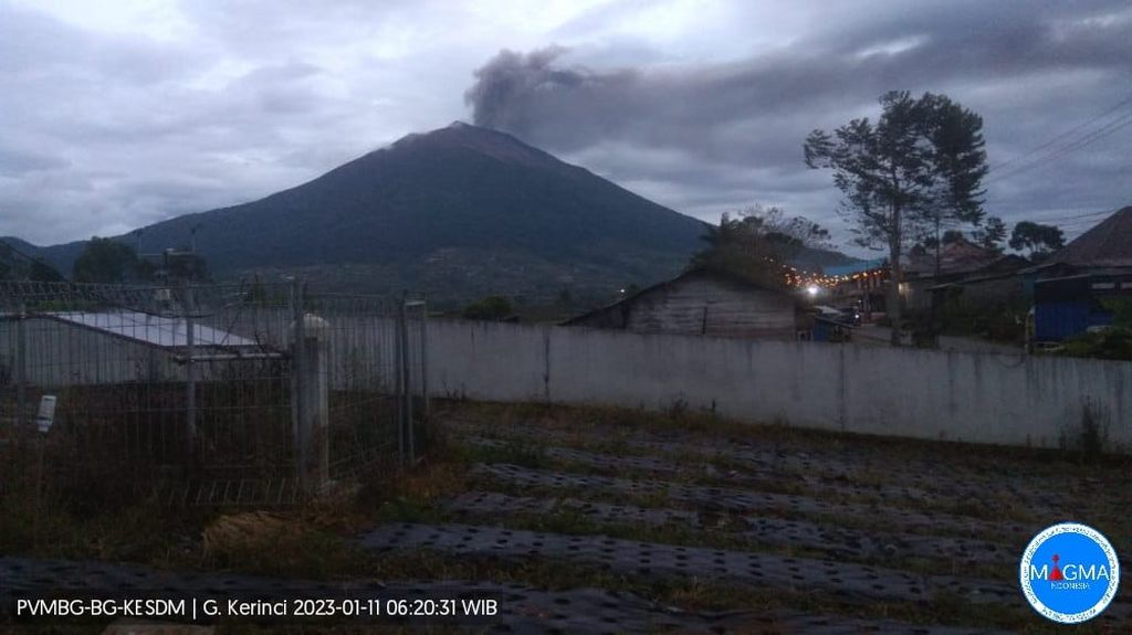 Penampakan erupsi Gunung Kerinci saat menyemburkan abu vulkanik setinggi sekitar 900 meter dari puncak, Rabu (11/1/2023) pagi.