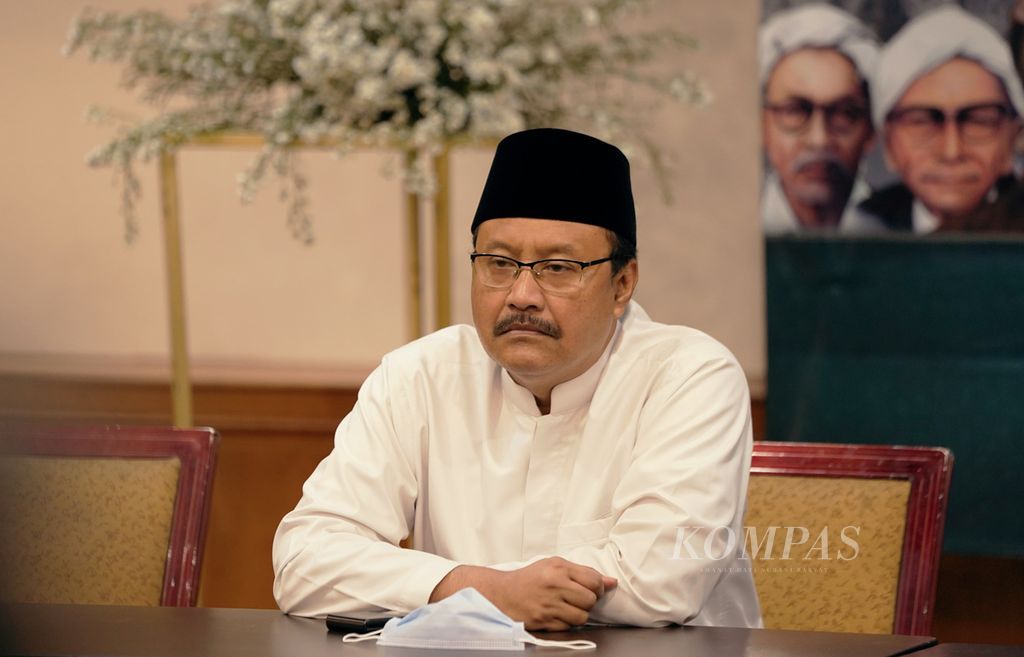 Sekjen PBNU Syaifullah Yusuf dalam jumpa pers permulaan peringatan Satu Abad Nahdlatul Ulama di Hotel Sultan, Jakarta, Senin (20/6/2022). 