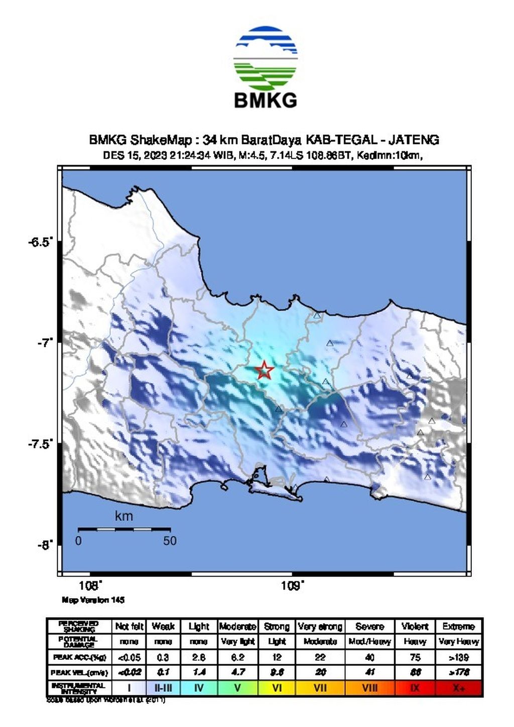 Pusat gempa M 4,5 yang melanda Brebes-Tegal, Jawa Tengah, pada Jumat (15/12/2023) malam. Sumber: BMKG