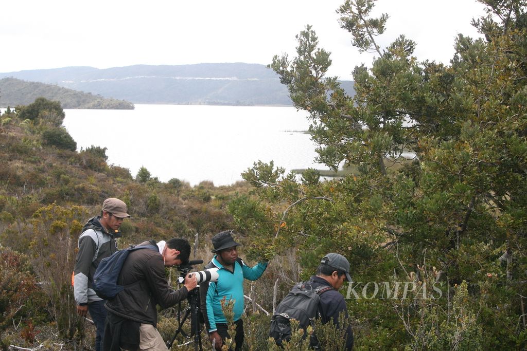 Tim Ekspedisi Tanah Papua Harian <i>Kompas</i> bersama polisi hutan (kaus hijau) di areal sekitar Danau Habema, Taman Nasional Lorentz, yang berada di Jayawijaya, Papua, Sabtu (13/11/2021).