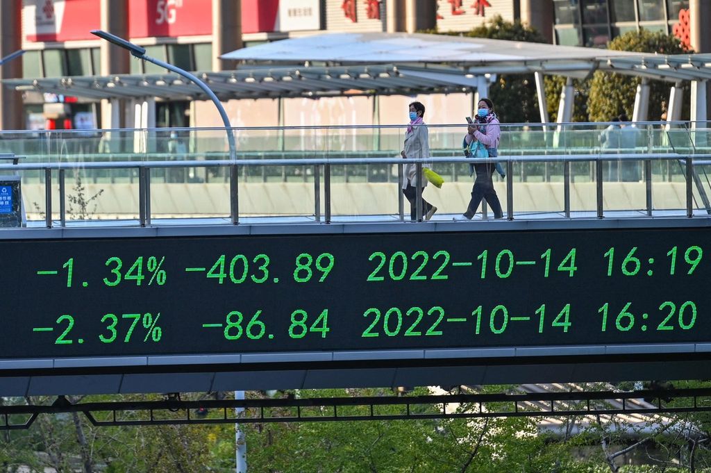 Warga berjalan melintas di atas jembatan penyeberangan yang pada sisi luarnya terdapat layar digital yang memperlihatkan harga saham. Foto diambil pada Senin (17/10/2022) di distrik keuangan Lujiazui di Shanghai.