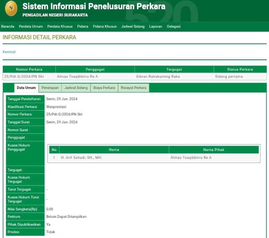 Informasi di situs Sistem Informasi Penelusuran Perkara (SIPP) Pengadilan Negeri Surakarta, Jawa Tengah, tentang gugatan wanprestasi kedua yang diajukan Almas Tsaqibbirru Re A kepada Gibran Rakabuming Raka.