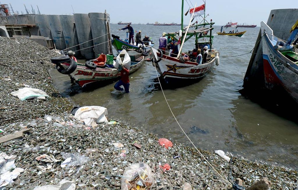 Nelayan mengangkut hasil panen kerang hijau di kawasan Teluk Jakarta, Kali Baru, Cilincing, Jakarta, Jumat (8/9). Sejumlah penelitian menyebutkan bahwa kerang hijau yang dibudidaya di kawasan tersebut mengandung logam berat dalam kadar tinggi akibat parahnya pencemaran di perairan Teluk Jakarta.