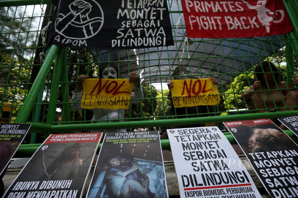 Pengunjuk rasa yang tergabung dalam Koalisi Primates Fight Back menggelar aksi di depan Kementerian Lingkungan Hidup dan Kehutanan, Jakarta, Senin (12/12/2022). 