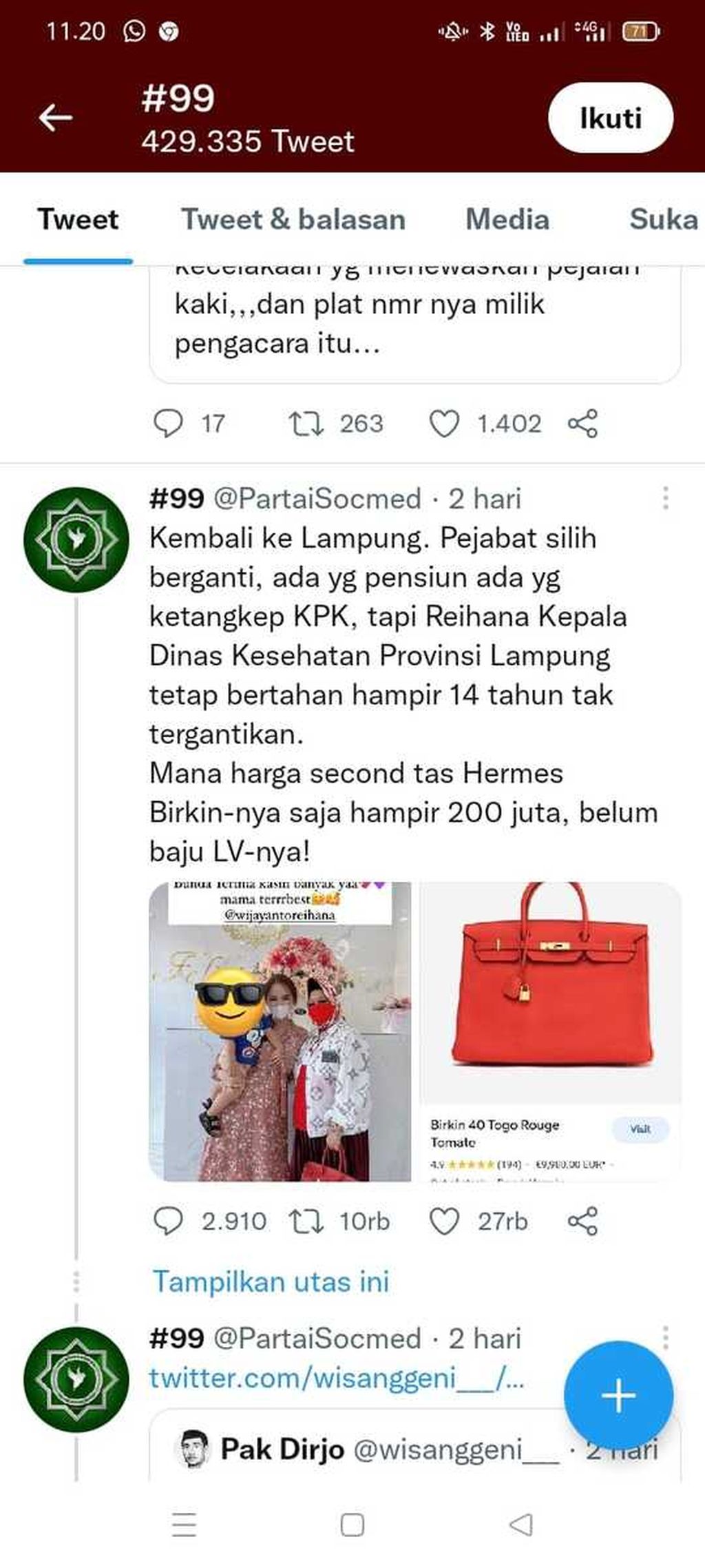 Tampilan perbincangan di Twitter terkait gaya hidup pejabat di Provinsi Lampung. 