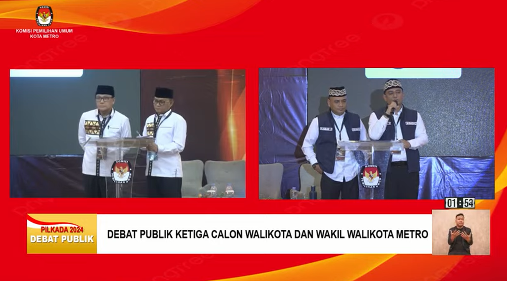 Debat publik ketiga pasangan calon wali kota dan calon wakil wali kota Kota Metro akhirnya dihadiri oleh kedua pasangan calon secara lengkap, Rabu (13/11/ 2024). 