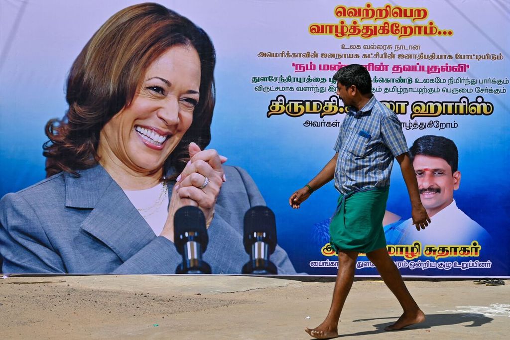 Dukungan untuk Wakil Presiden Amerika Serikat Kamala Harris di kampung halaman ibunya di Tamil Nadu, India, terpasang pada Selasa (23/7/2024)