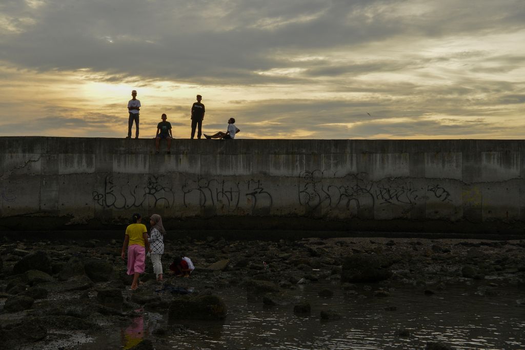 Aktivitas warga saat mencari kerang di balik tanggul laut raksasa di Muara Baru, Jakarta Utara, Selasa (3/1/2023). 