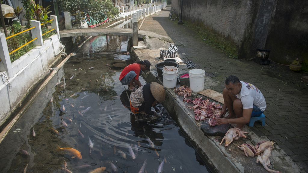 Warga mencuci daging ayam di sungai yang terhubung dengan mata air Benoyo, Tingkir, Salatiga, Jawa Tengah, Rabu (30/6/2021). Benoyo merupakan salah satu dari tiga mata air utama di Salatiga yang keberadaannya terus berusaha dilestarikan sejak masa kolonial dan aliran airnya dimanfaatkan untuk budidaya ikan air tawar.