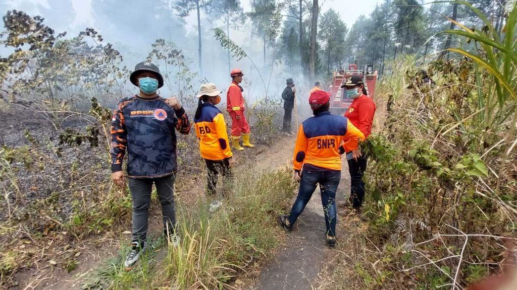 Petugas Badan Penanggulangan Bencana Daerah (BPBD) Minahasa Tenggara mendokumentasikan upaya pemadaman kebakaran lahan di kawasan lindung Gunung Soputan, Minahasa Tenggara, Sulawesi Utara, pada Sabtu (2/9/2023).
