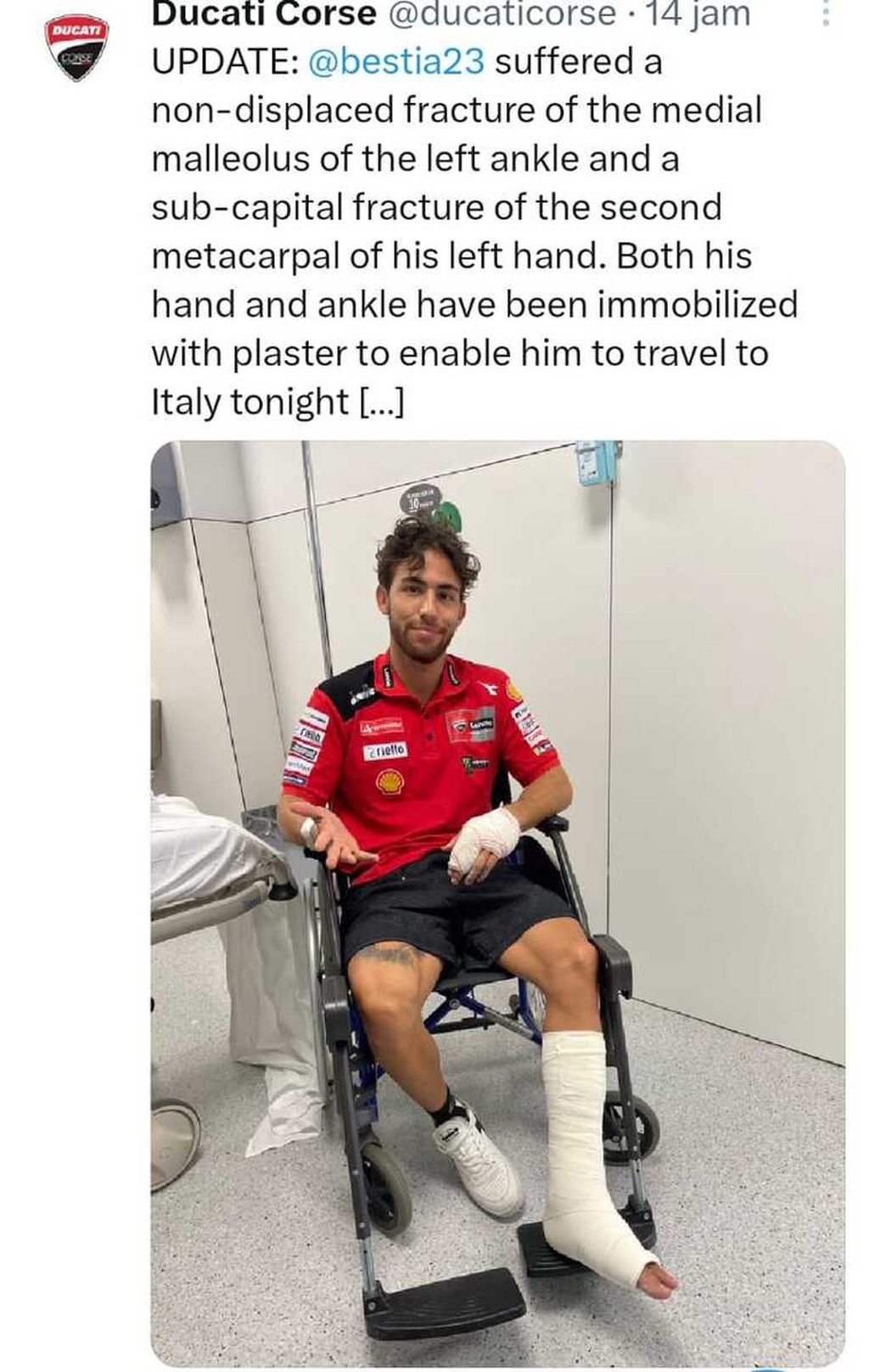 Akun medsos X milik tim Ducati mengabarkan kondisi Enea Bastianini cedera dan perlu operasi usai kecelakaan pada ajang MotoGP seri Catalunya, Minggu (3/9/2023).