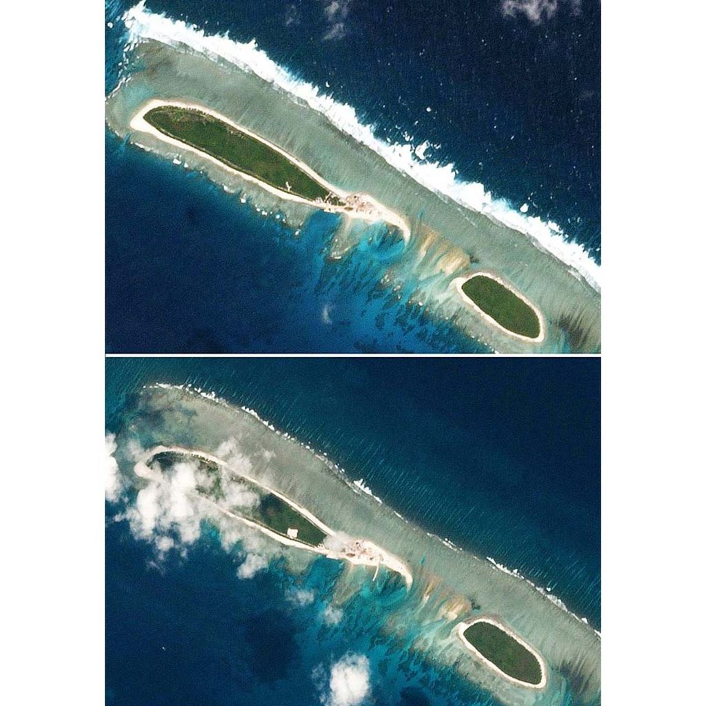 Kombinasi foto-foto satelit menunjukkan Pulau Utara yang dikuasai Tiongkok, bagian dari kelompok Kepulauan Paracel di Laut China Selatan, pada 15 Februari 2017 (atas) dan pada tanggal 6 Maret 2017.