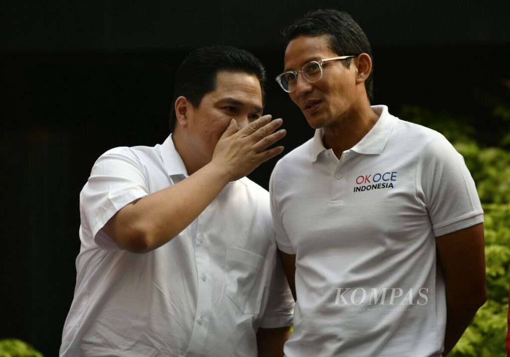 Sandiaga Uno (left) and Erick Thohir met at the Young Important Indonesia event in Jakarta on Saturday (7/13/2019).