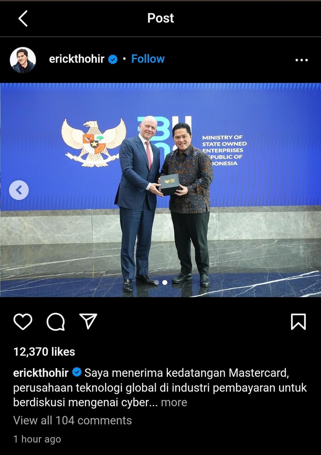 CEO MasterCard Michael Miebach berkunjung ke kantor Menteri BUMN Erick Thohir, Jakarta, Rabu (17/4/2024).
