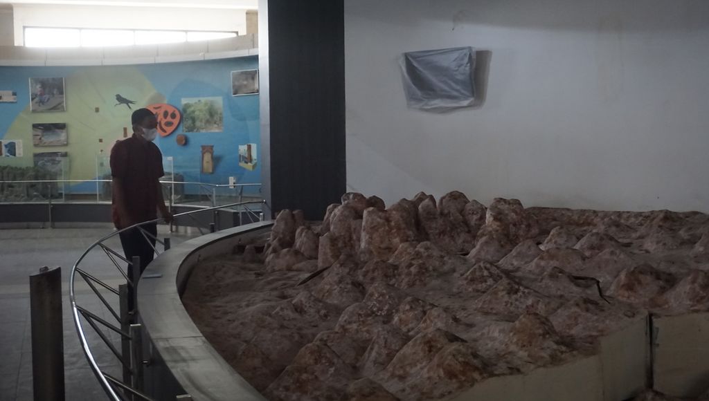 Petugas sedang mengecek kondisi alat pameran di Museum Kars Indonesia, Kabupaten Wonogiri, Jawa Tengah, Sabtu (12/6/2021). Terdapat juga sejumlah goa bersejarah yang masuk dalam Kawasan Geopark Gunung Sewu di sekitar museum tersebut.