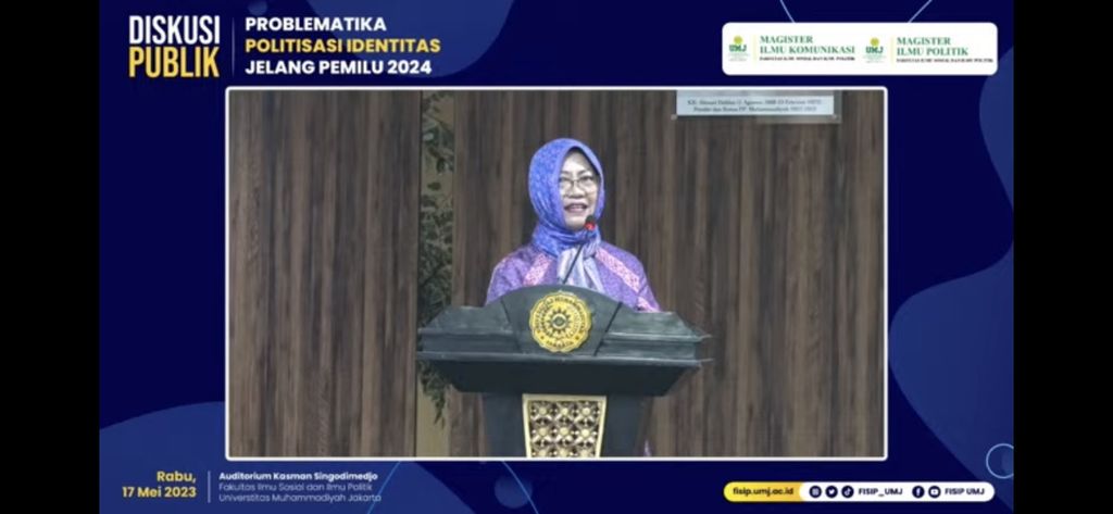 Tangakapan layar peneliti politik Badan Riset dan Inovasi Nasional, Siti Zuhro, dalam diskusi dengan tema “Problematika Politisasi Identitas jelang Pemilu 2024” yang berlangsung secara hibrida, Rabu (17/5/2023).
