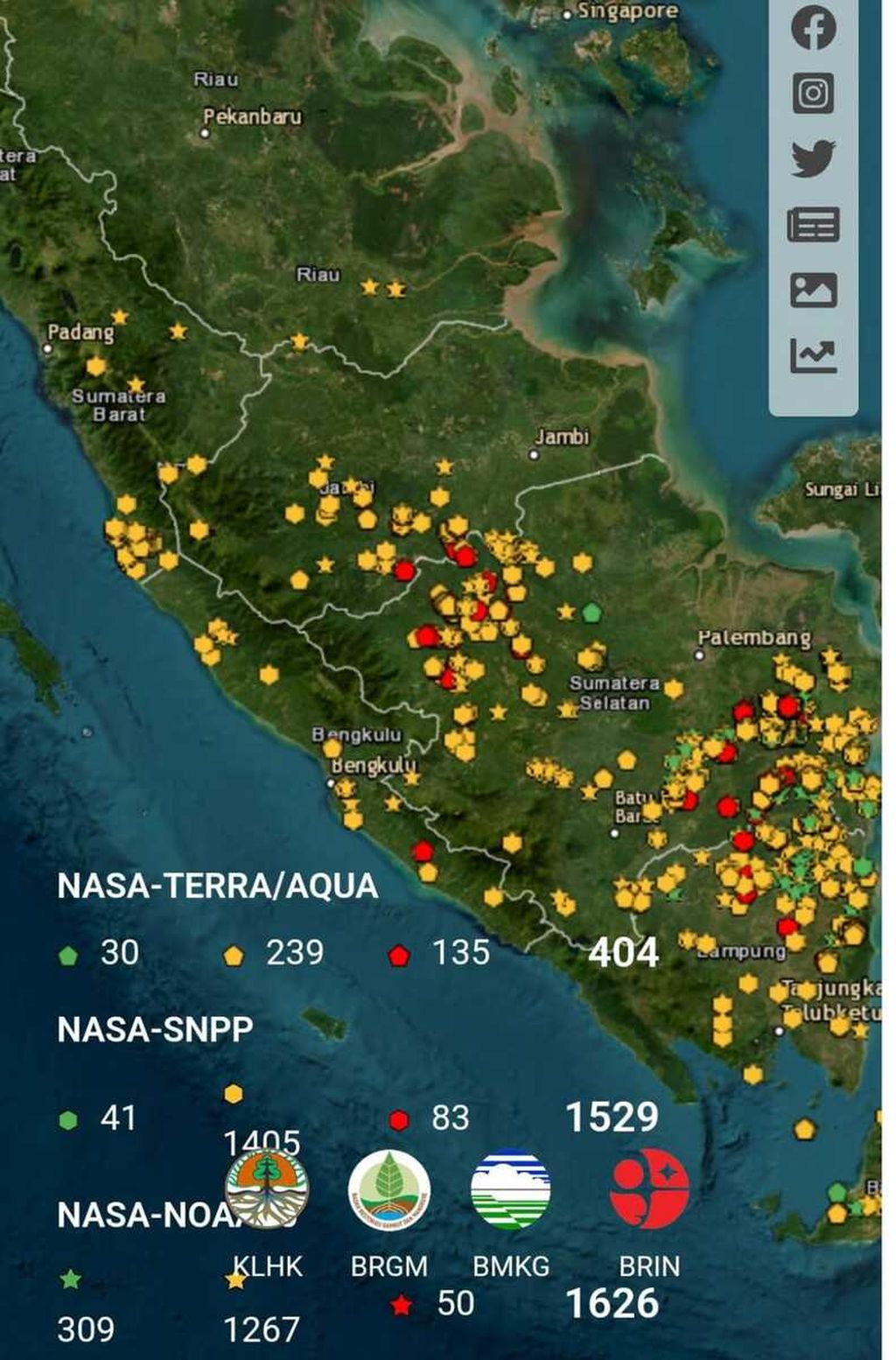Peta sebaran titik panas di sejumlah provinsi di Pulau Sumatera yang dimuat laman sipongi.menlhk.go.id, Kamis (19/10/2023) pukul 12.00. 