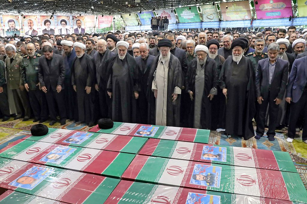 The Supreme Leader of Iran, Ayatollah Ali Khamenei (center), led the funeral prayer in front of the casket of President Ebrahim Raisi and several other officials, including Foreign Minister Hossein Amir-Abdollahian, in Tehran, Iran, on May 22nd, 2024.
