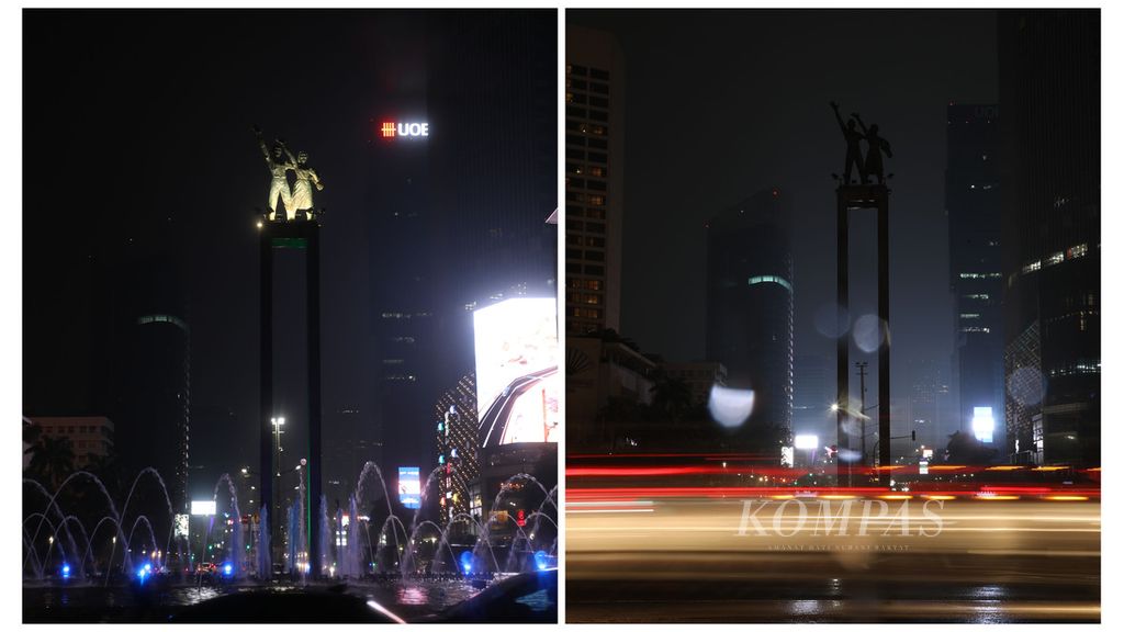 Kawasan Bundaran Hotel Indonesia, Jakarta Pusat, sebelum dan saat pelaksanaan Earth Hour (kanan), Sabtu (27/3/2021).  