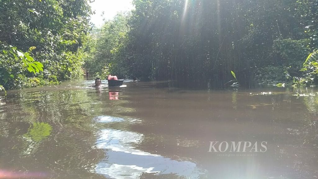 Petugas pemutakhiran data pemilih di Desa Tuguk, Kecamatan Kayan Hilir, Kabupaten Sintang, Kalimantan Barat, mengarungi banjir untuk tes cepat Covid-19 dan bimbingan teknis.
