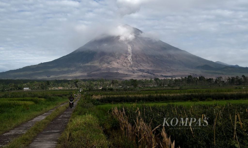 Gunung Semeru terlihat dari Desa Supiturang, Kecamatan Pronojiwo, Kabupaten Lumajang, Jawa Timur, Selasa (7/12/2021). Warga diminta waspada dengan kemungkinan erupsi susulan dari gunung tersebut.