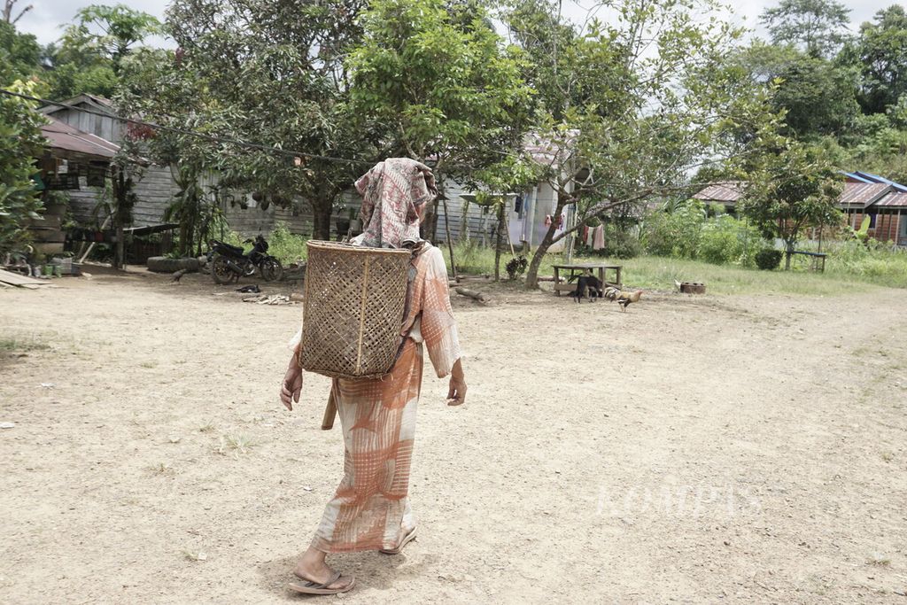 Perempuan suku Dayak Paser Mului pergi ke kebun menggendong tas punggung dari anyaman rotan di RT 008 Desa Swan Slotung, Kecamatan Muara Komam, Kabupaten Paser, Kalimantan Timur, Sabtu (13/3/2021). 
