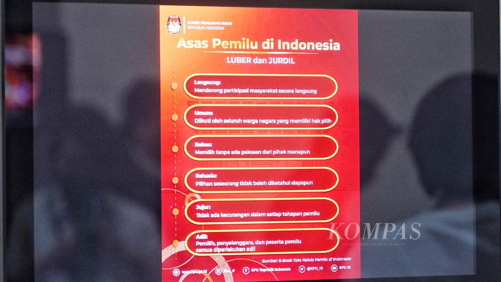 Azas Pemilu yang muncul di layar saat perwakilan Masyarakat Indonesia Antikorupsi Untuk Pemilu menggelar konferensi pers di Kantor Komisi Pemilihan Umum, Jakarta, Selasa (6/6/2023). 