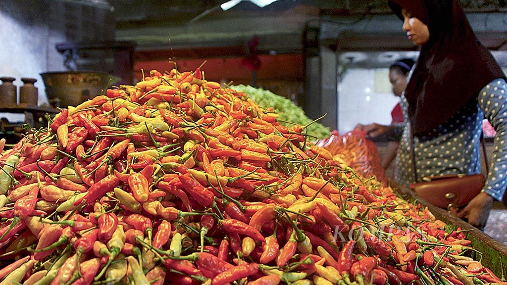 Pembeli memilih cabai rawit di pasar grosir sayur Keputran, Surabaya,  Senin (5/3). Di pasar itu, harga cabai rawit Rp 65.000 per kilogram. Pedagang menyatakan, harga cabai rawit terus naik sejak awal Februari. 