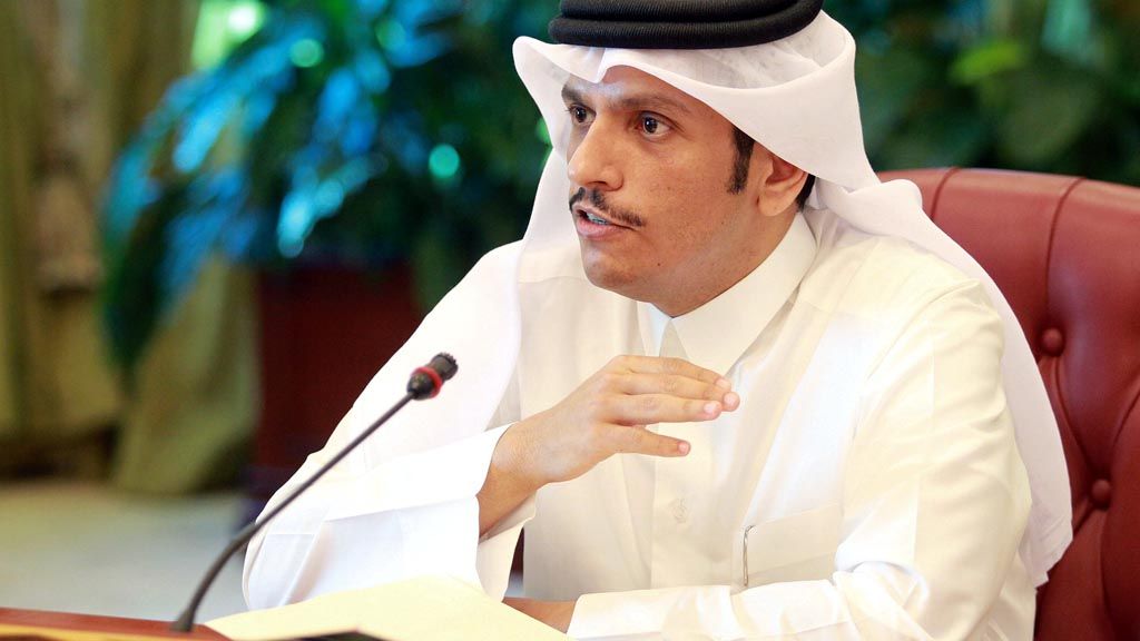 Menteri luar negeri  Qatar Sheikh Mohammed bin Abdulrahman al-Thani   sedang memberikan keterangan pers kepada wartawan di Doha, Qatar, 8 Juni 2017. 