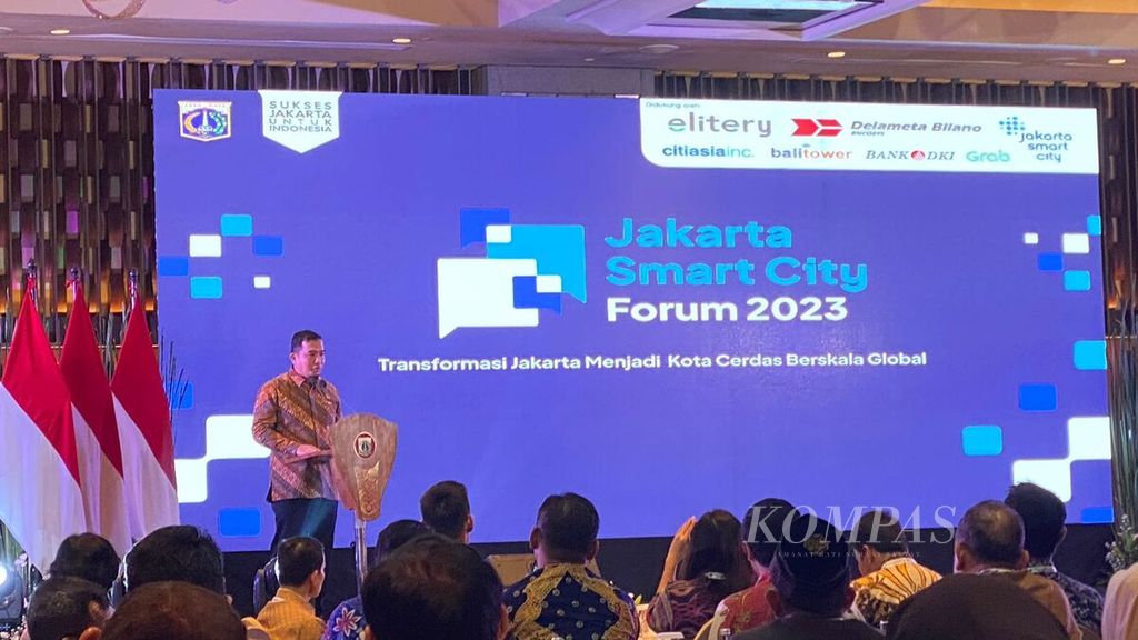 Acara Jakarta Smart City Forum 2023 di Ayana Midplaza Jakarta, Jakarta Pusat, Selasa (14/11/2023).